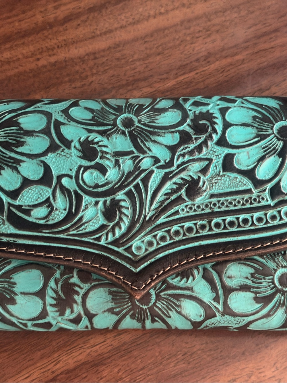 Myra Bag Turquoise and Brown Tooled Floral Leather Wallet/Wristlet